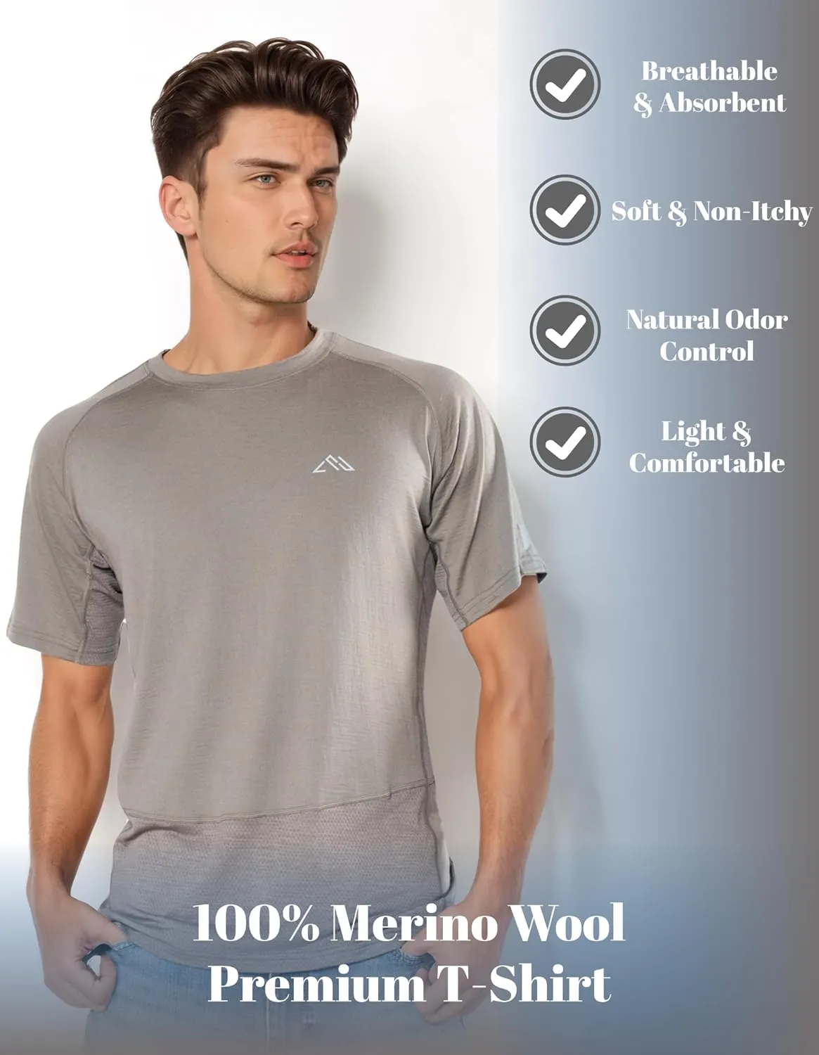 100% Merino Wool Gym T Shirts for Men, Breathable Athletic Workout Short Sleeve Tee, Moisture Wicking T-Shirts