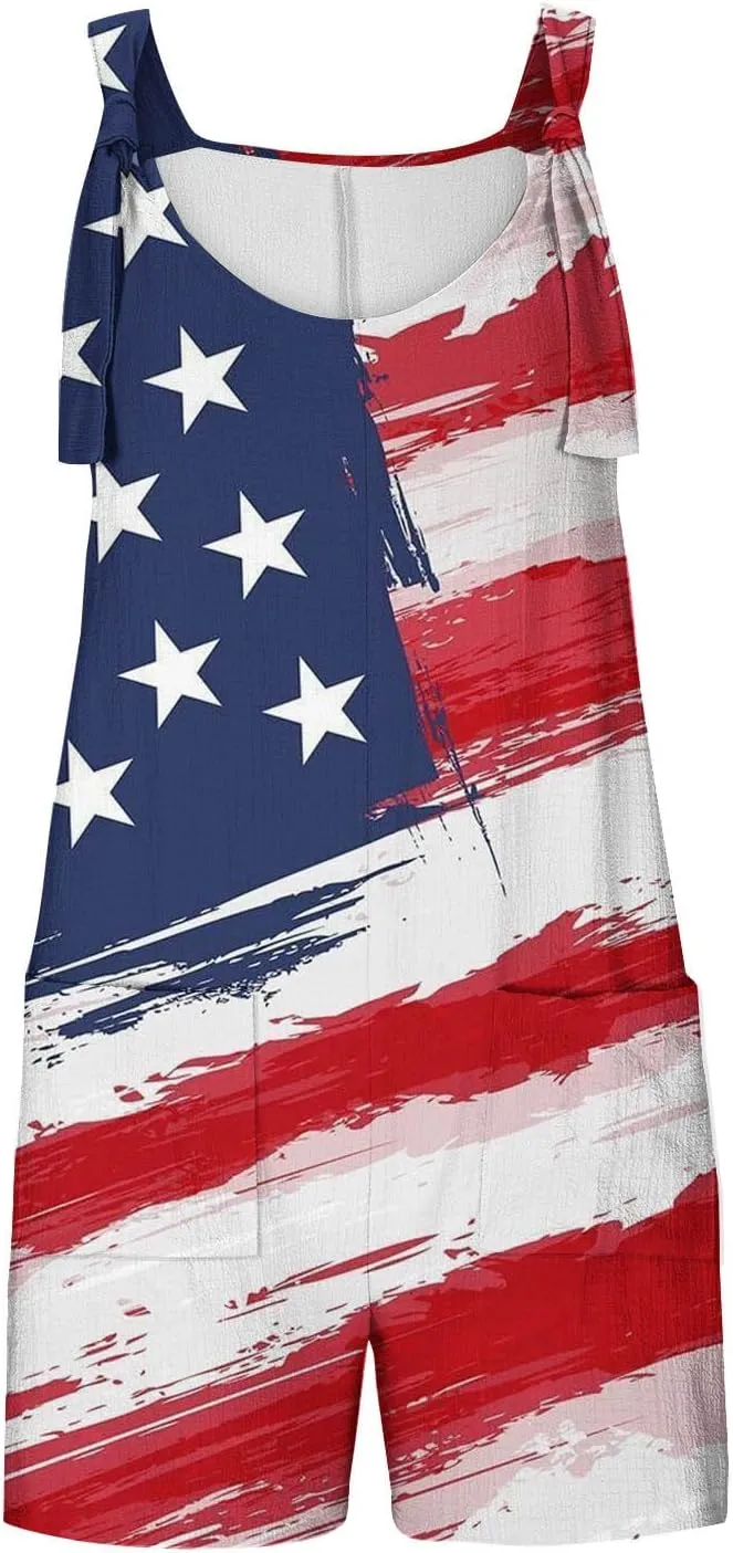 4th of July Outfits for Women,Patriotic American Flag Rompers Adjustable Straps Fourth of July Short Jumpsuit 2025