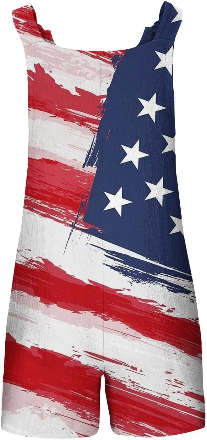 4th of July Outfits for Women,Patriotic American Flag Rompers Adjustable Straps Fourth of July Short Jumpsuit 2025