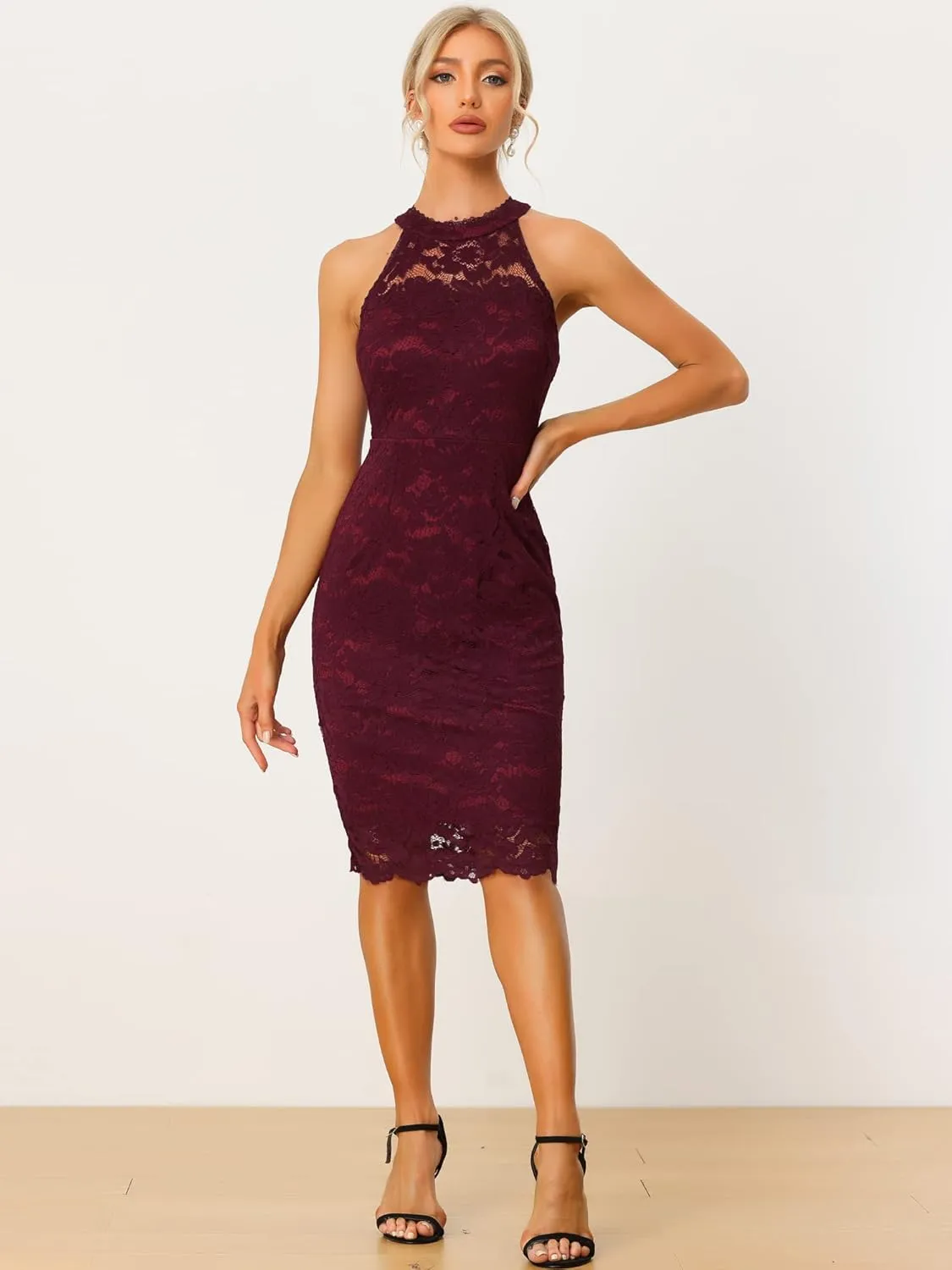 Allegra K Halter Formal Dress for Women's Sleeveless Bodycon Wedding Guest Cocktail Lace Sheath Dress