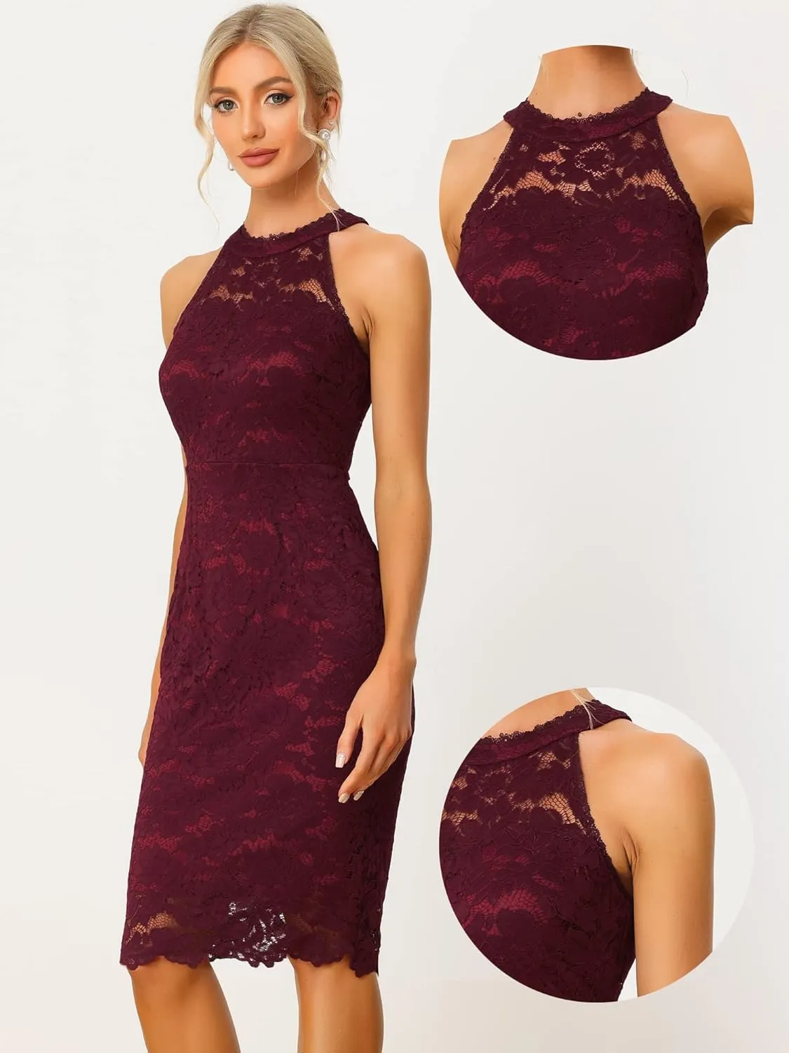 Allegra K Halter Formal Dress for Women's Sleeveless Bodycon Wedding Guest Cocktail Lace Sheath Dress