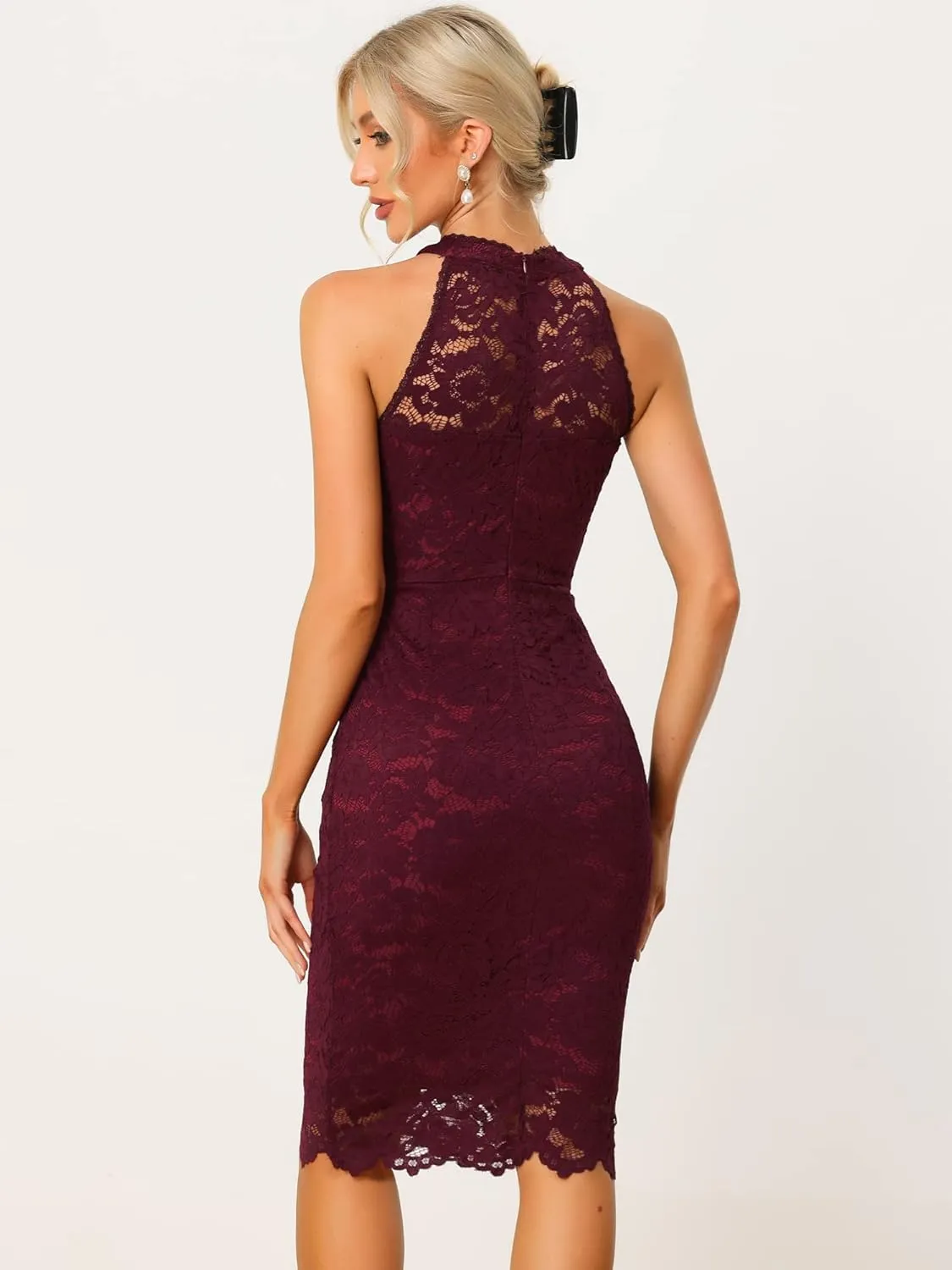 Allegra K Halter Formal Dress for Women's Sleeveless Bodycon Wedding Guest Cocktail Lace Sheath Dress