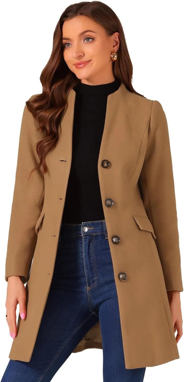 Allegra K Women's Winter Overcoat Pea Coat Elegant V Neck Single Breasted Coat Outerwear