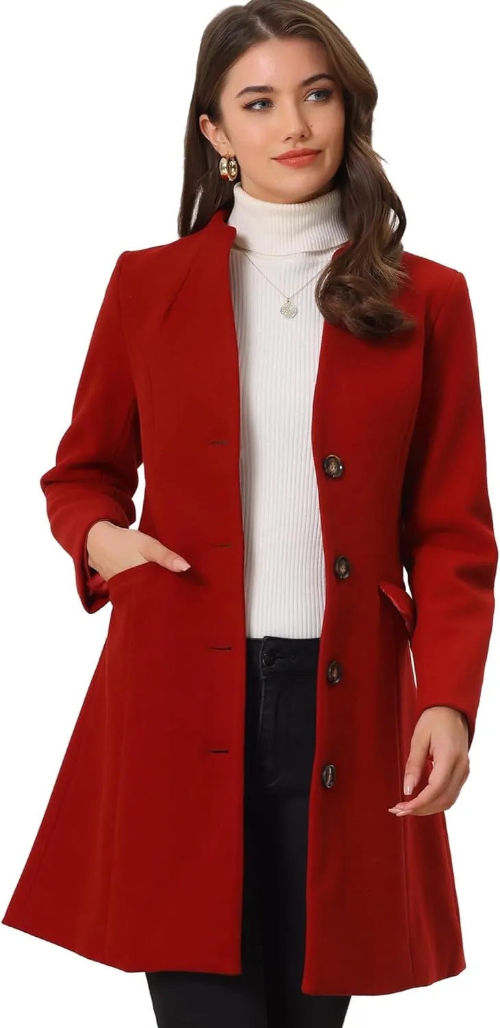 Allegra K Women's Winter Overcoat Pea Coat Elegant V Neck Single Breasted Coat Outerwear