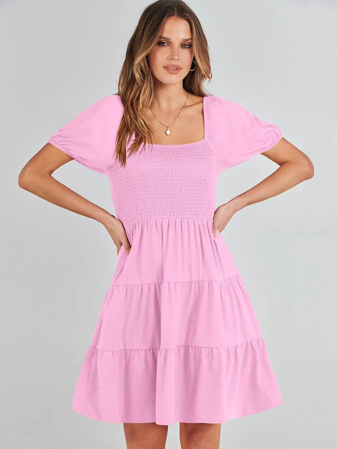 ANRABESS Womens 2025 Summer Casual Dress Square Neck Puff Sleeve Boho Beach Vacation Short Dress