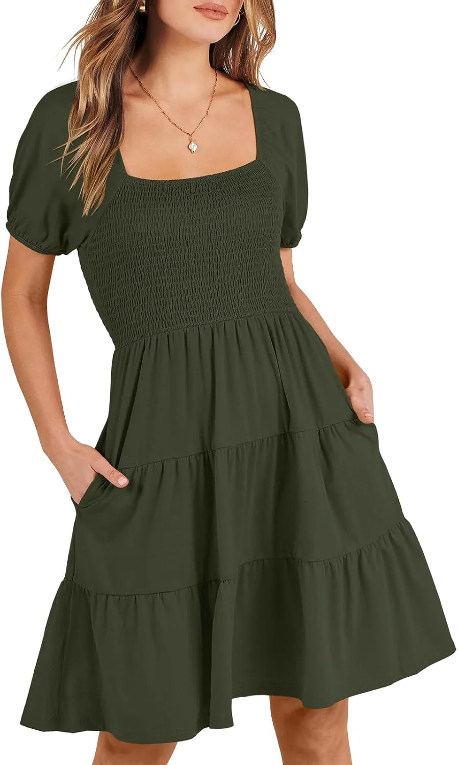 ANRABESS Womens 2025 Summer Casual Dress Square Neck Puff Sleeve Boho Beach Vacation Short Dress