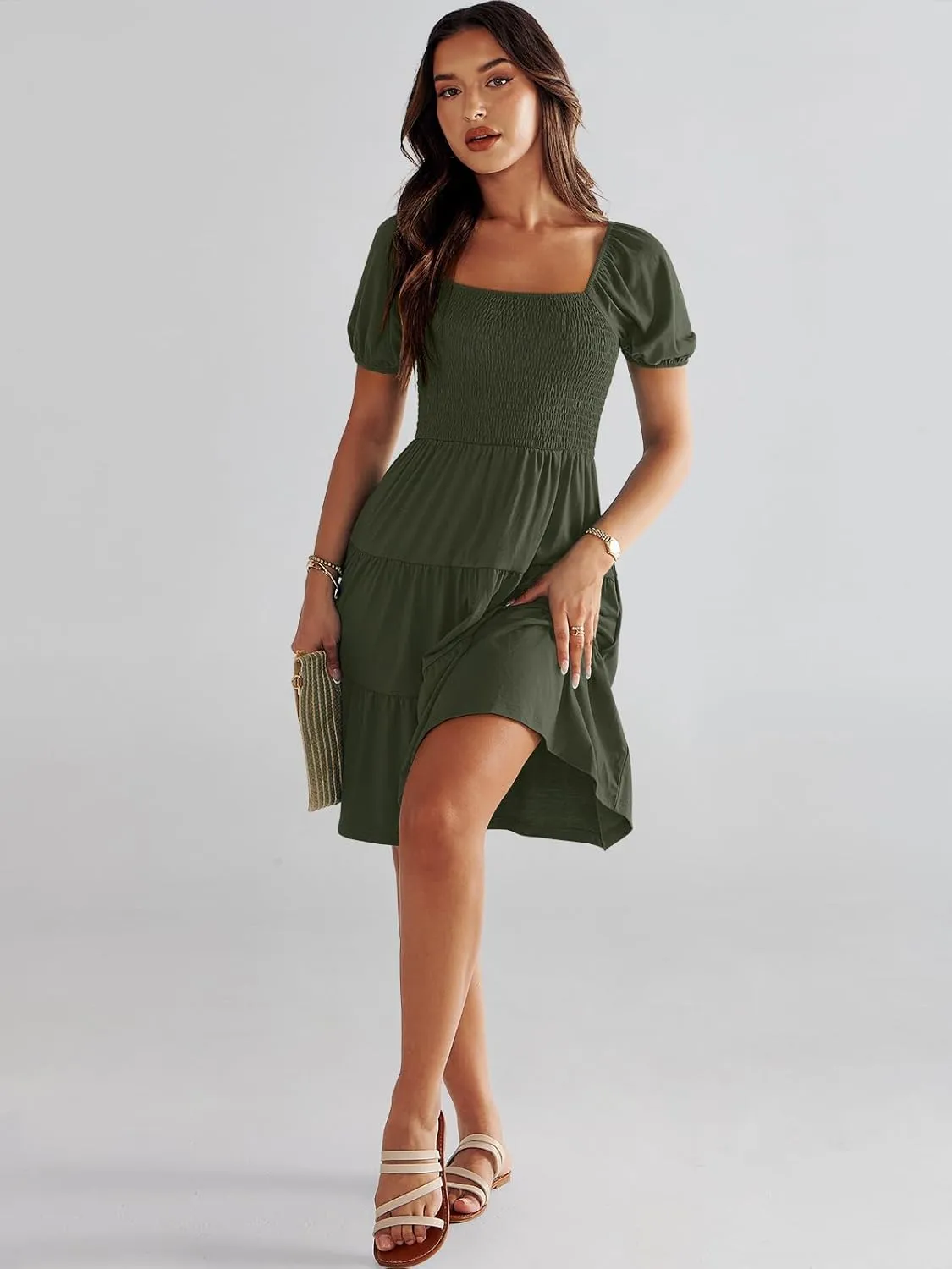 ANRABESS Womens 2025 Summer Casual Dress Square Neck Puff Sleeve Boho Beach Vacation Short Dress