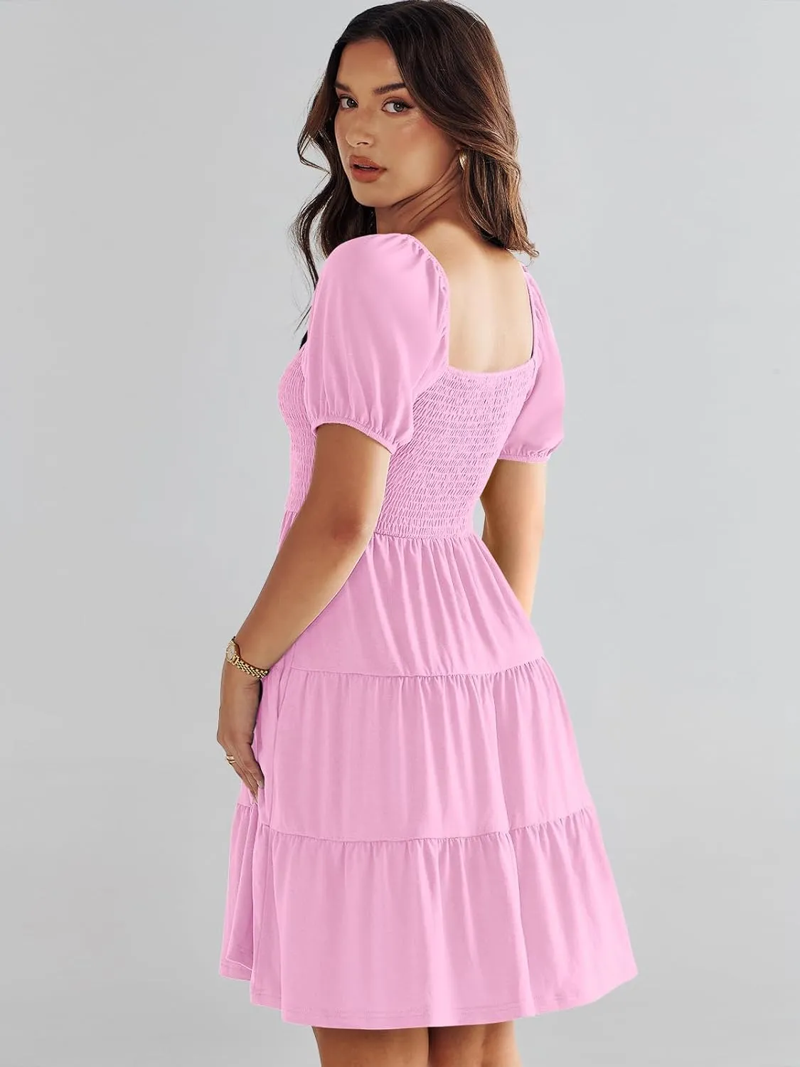 ANRABESS Womens 2025 Summer Casual Dress Square Neck Puff Sleeve Boho Beach Vacation Short Dress