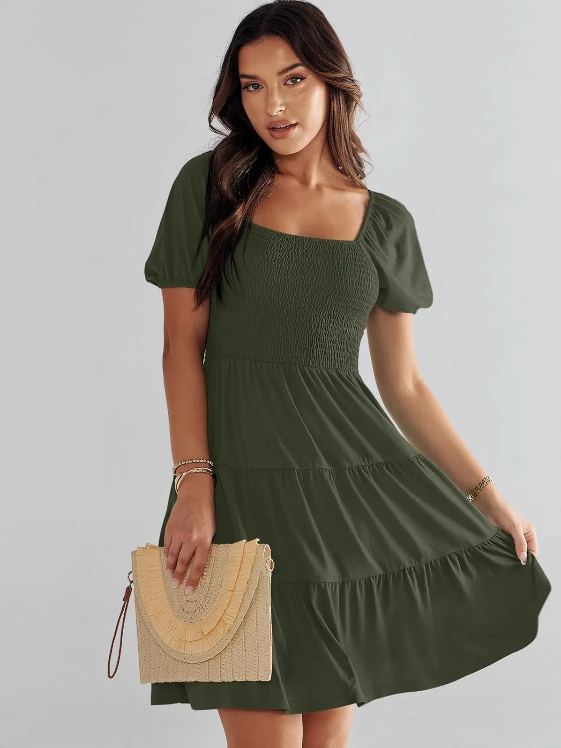 ANRABESS Womens 2025 Summer Casual Dress Square Neck Puff Sleeve Boho Beach Vacation Short Dress