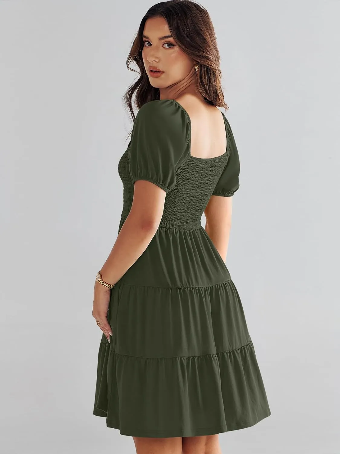 ANRABESS Womens 2025 Summer Casual Dress Square Neck Puff Sleeve Boho Beach Vacation Short Dress