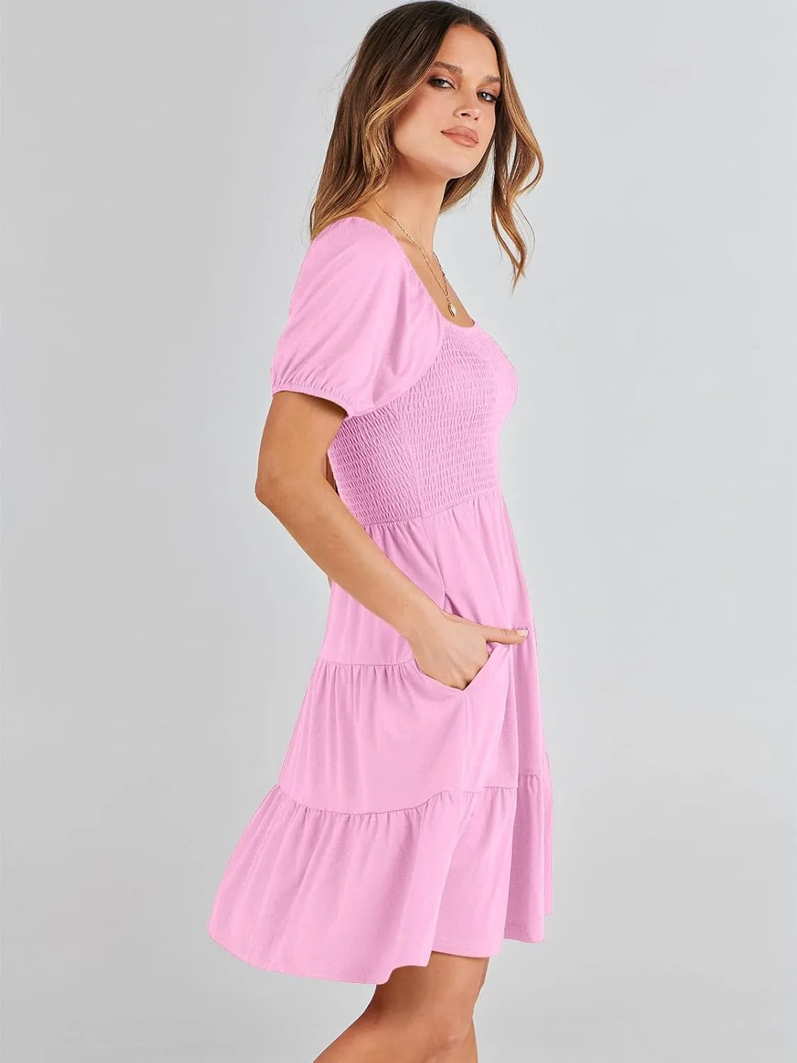 ANRABESS Womens 2025 Summer Casual Dress Square Neck Puff Sleeve Boho Beach Vacation Short Dress