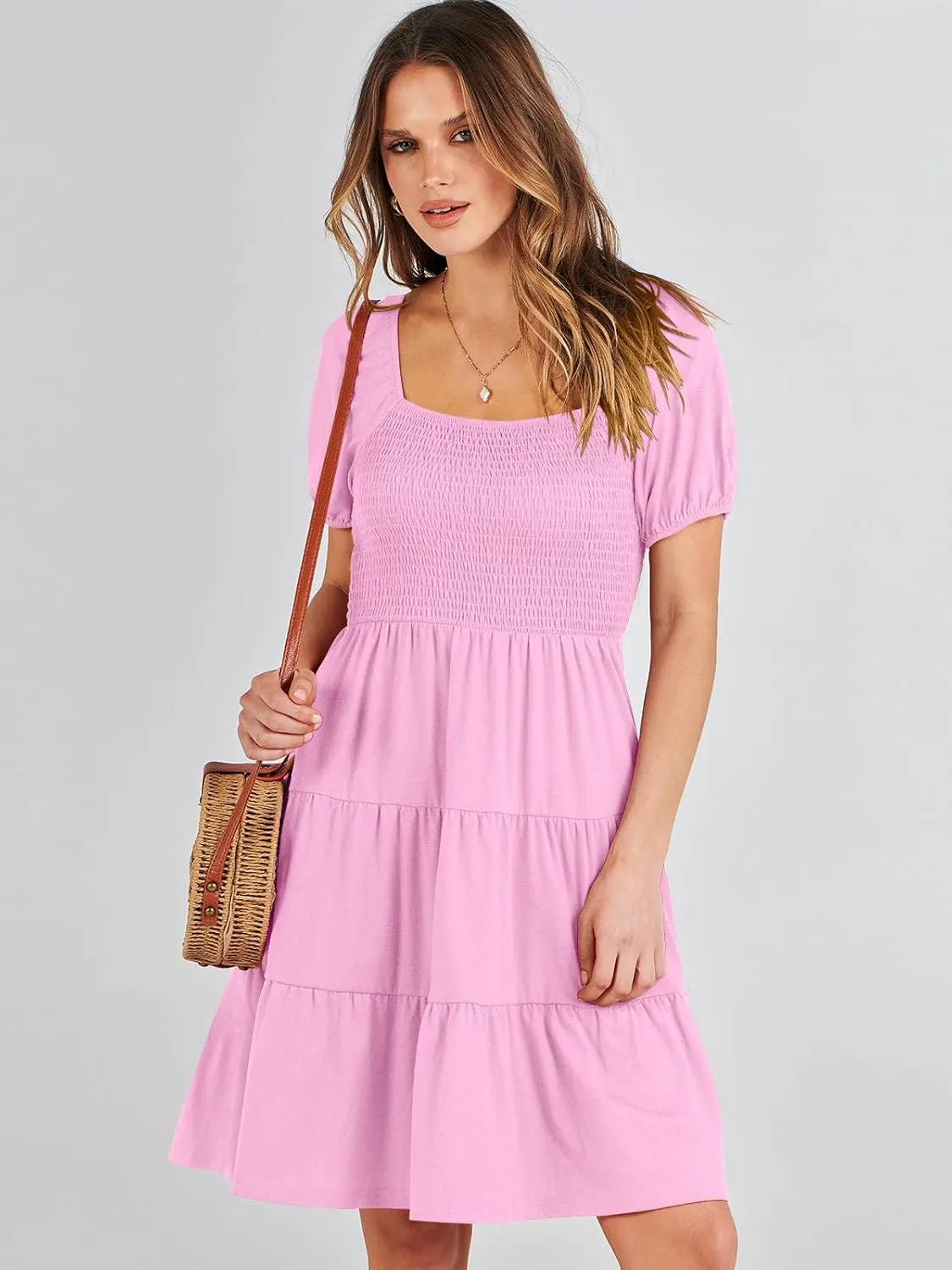 ANRABESS Womens 2025 Summer Casual Dress Square Neck Puff Sleeve Boho Beach Vacation Short Dress