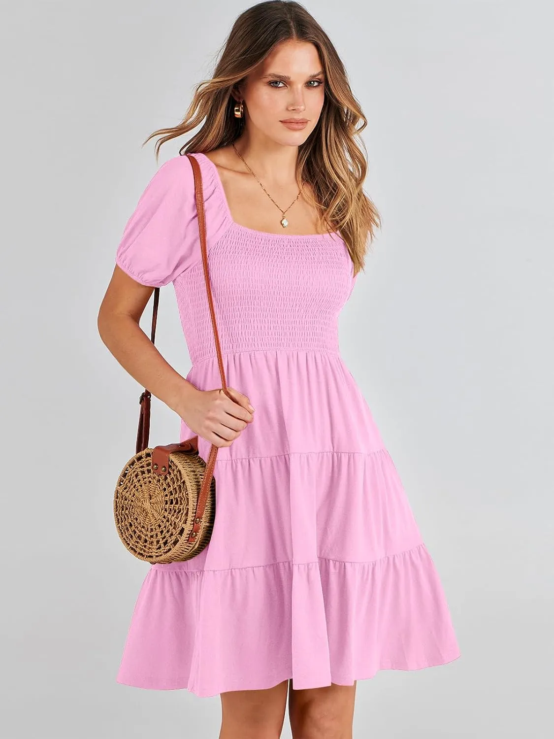 ANRABESS Womens 2025 Summer Casual Dress Square Neck Puff Sleeve Boho Beach Vacation Short Dress