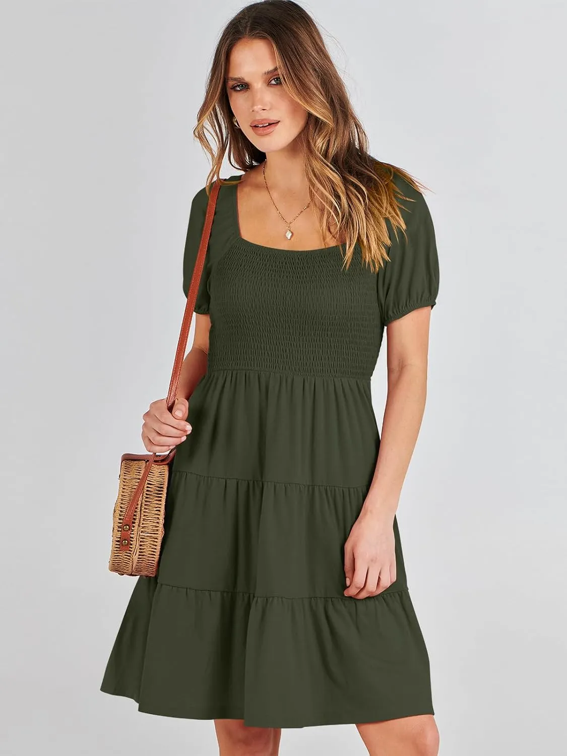 ANRABESS Womens 2025 Summer Casual Dress Square Neck Puff Sleeve Boho Beach Vacation Short Dress