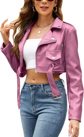 Bellivera Women's Cropped Faux Leather Jacket Bomber Casual Zip Up Coat PU Moto Bike Outwear with Pockets