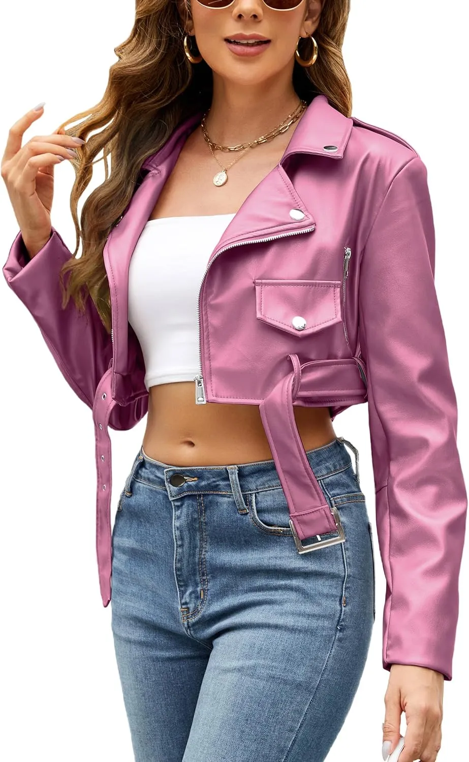 Bellivera Women's Cropped Faux Leather Jacket Bomber Casual Zip Up Coat PU Moto Bike Outwear with Pockets