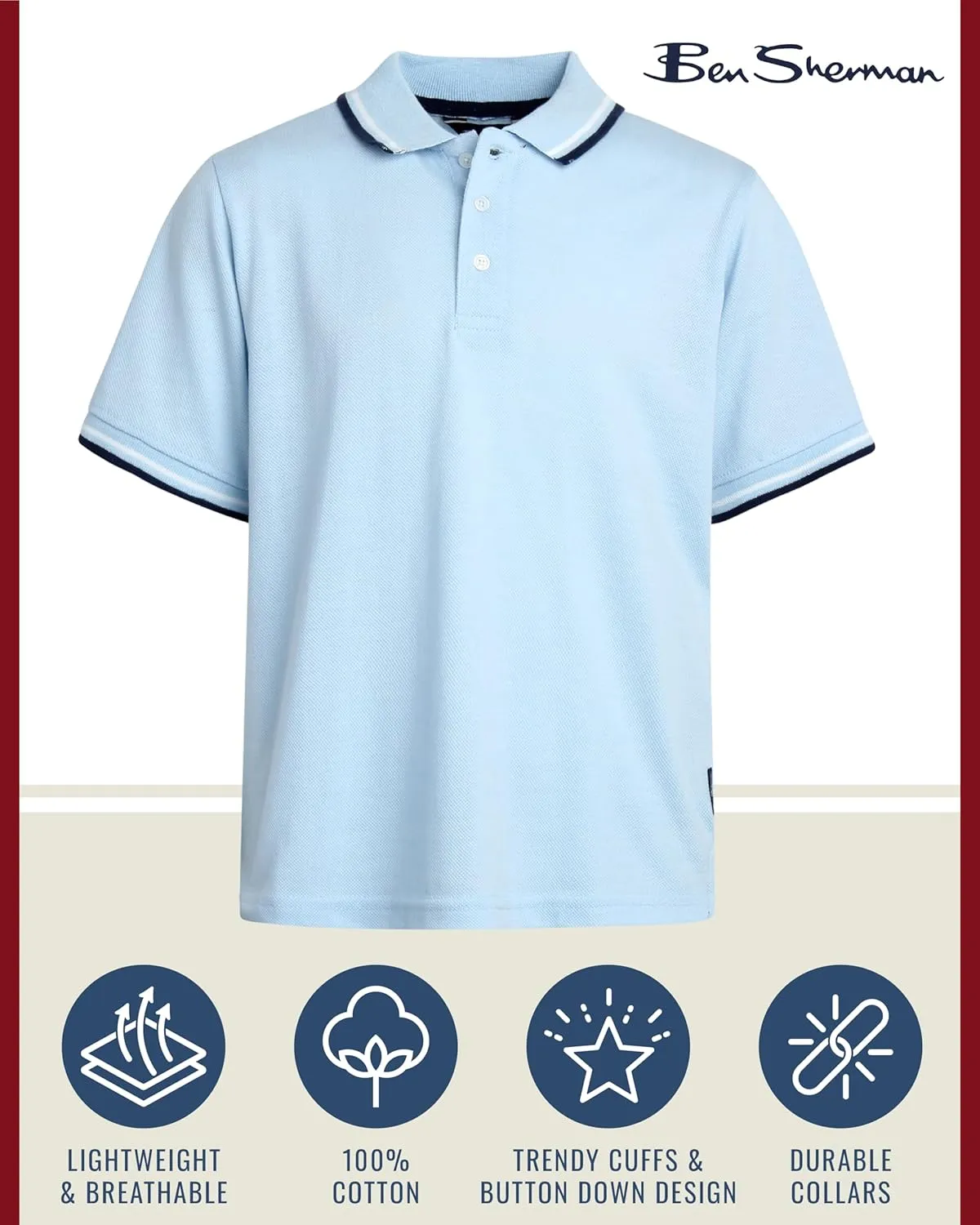 Ben Sherman Boys' Polo Shirt - 2 Pack Classic Fit Short Sleeve Pique Polo - Comfort Stretch Golf Shirt for Boys (8-18)