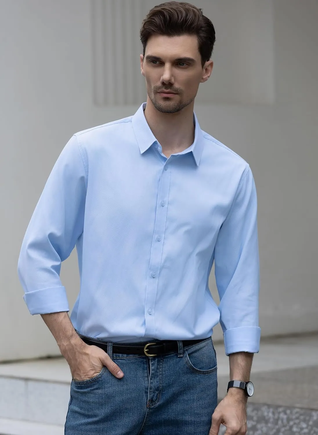 Beninos Men's Dress Shirts Solid Long Sleeve Texture Formal Shirt Business Casual Button Down Shirts