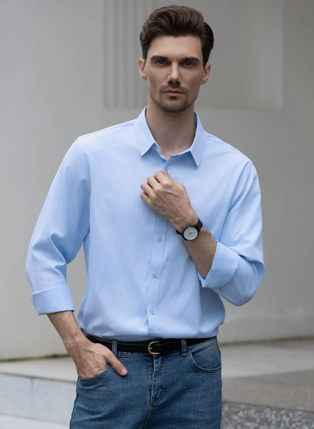 Beninos Men's Dress Shirts Solid Long Sleeve Texture Formal Shirt Business Casual Button Down Shirts