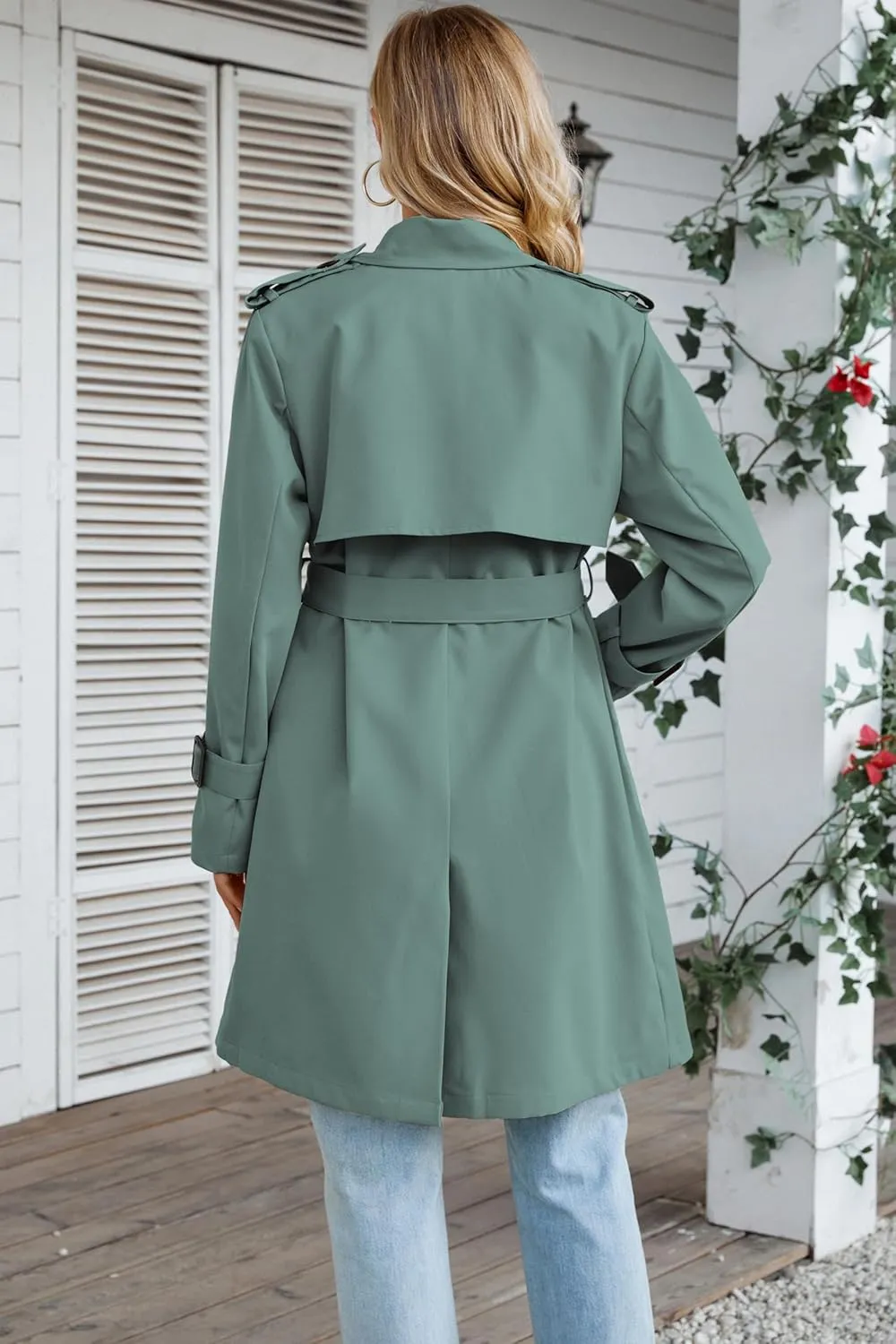 Betusline Women's Long Double-Breasted Waterproof Trench Coat with Belt