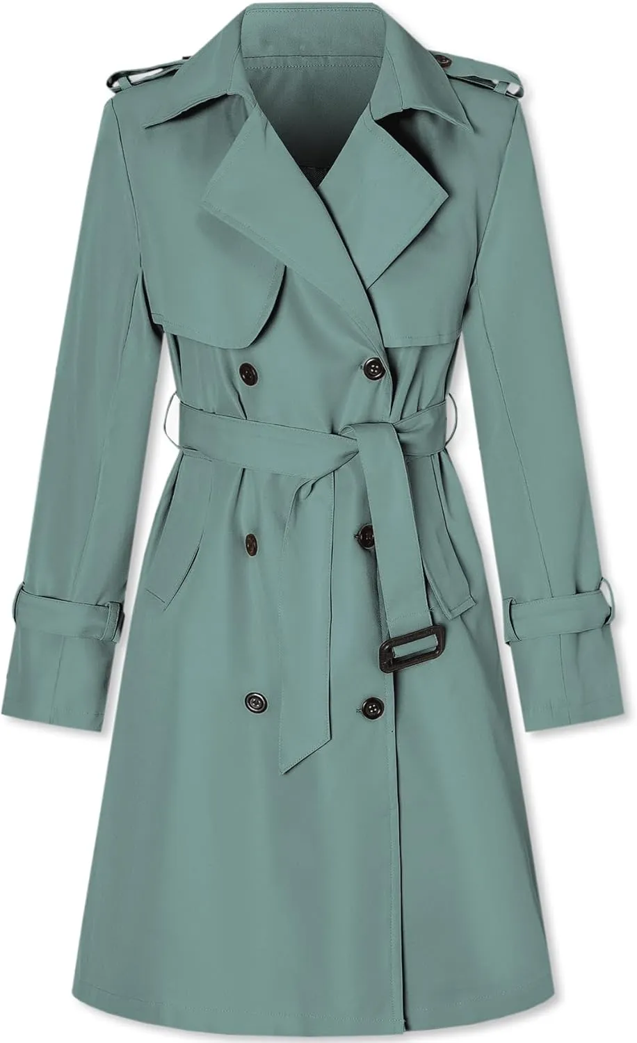 Betusline Women's Long Double-Breasted Waterproof Trench Coat with Belt