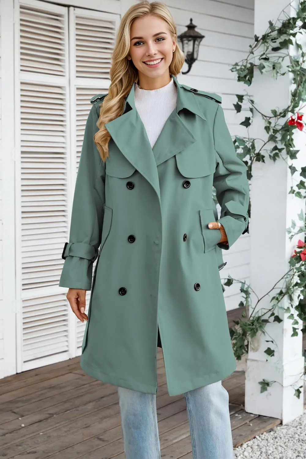 Betusline Women's Long Double-Breasted Waterproof Trench Coat with Belt