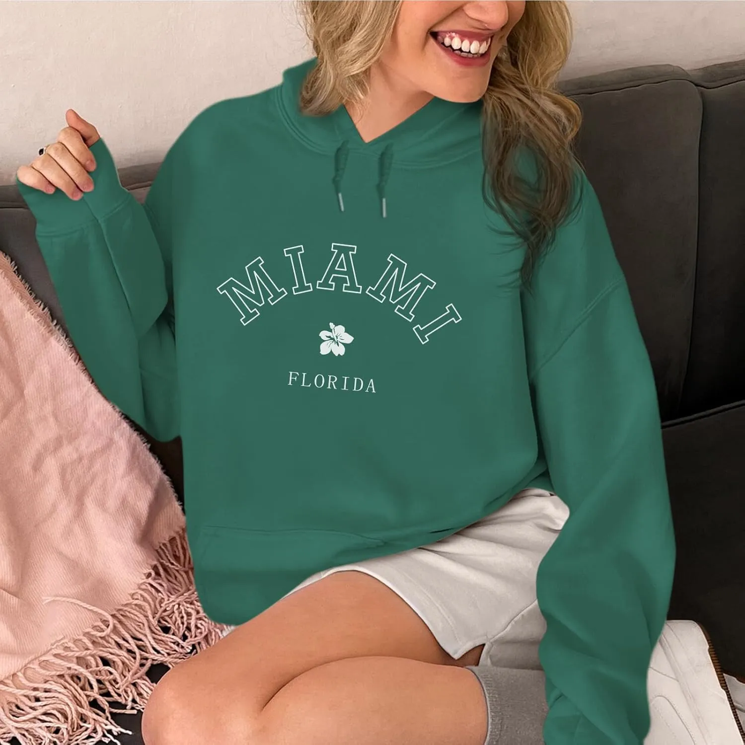 Bobeutou Oversized Letter Graphic Print Hoodies for Women Miami Florida Sweatshirt Preppy Trendy Fleece Pocket Pullover Top
