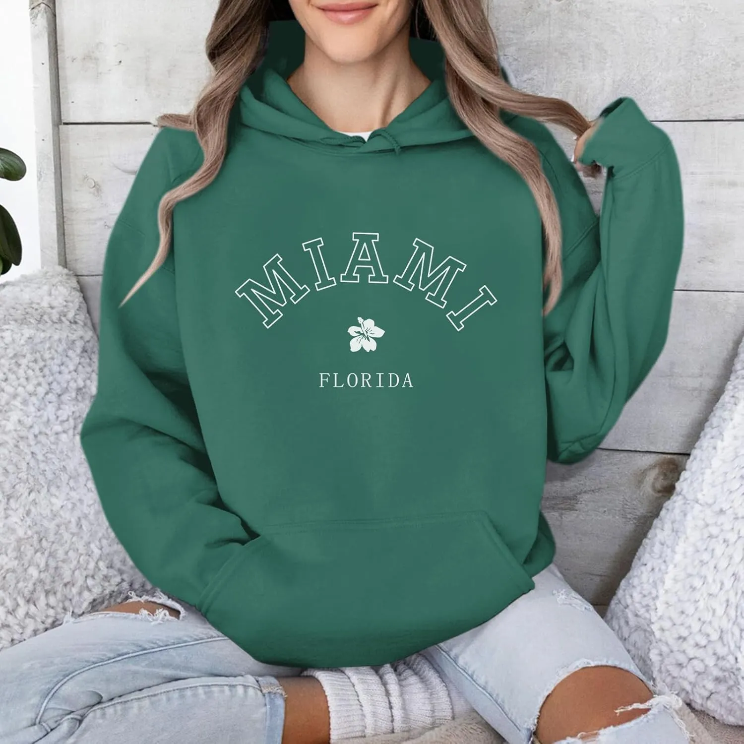 Bobeutou Oversized Letter Graphic Print Hoodies for Women Miami Florida Sweatshirt Preppy Trendy Fleece Pocket Pullover Top
