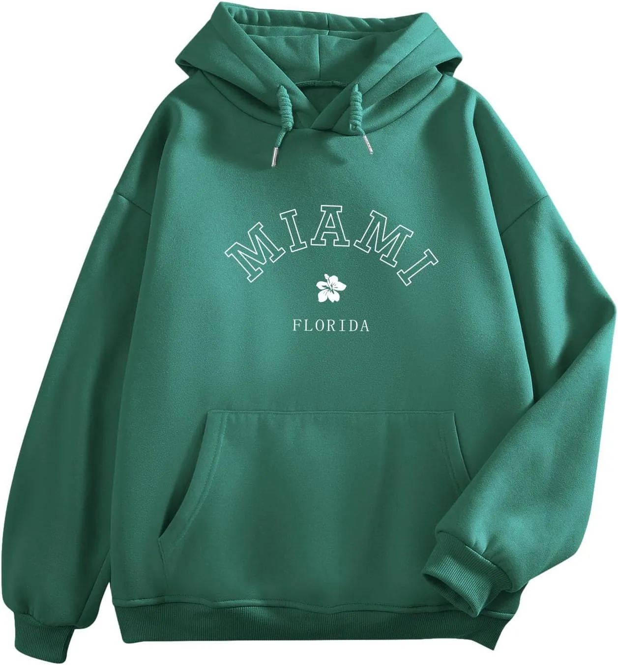 Bobeutou Oversized Letter Graphic Print Hoodies for Women Miami Florida Sweatshirt Preppy Trendy Fleece Pocket Pullover Top