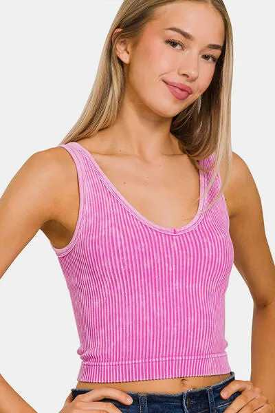 Bright Mauve Washed Ribbed Cropped Tank