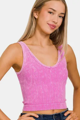Bright Mauve Washed Ribbed Cropped Tank