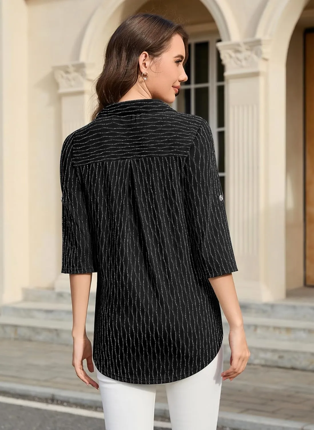 Bulotus Women's 3/4 Sleeve V-Neck Casual Plaid Tunic Shirt