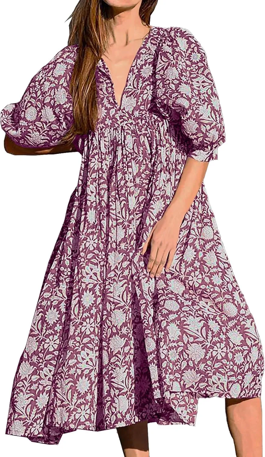 Casual Summer Dresses for Women Swing Floral Half Open Collar Boho Puff Sleeve Loose Midi Beach Dress