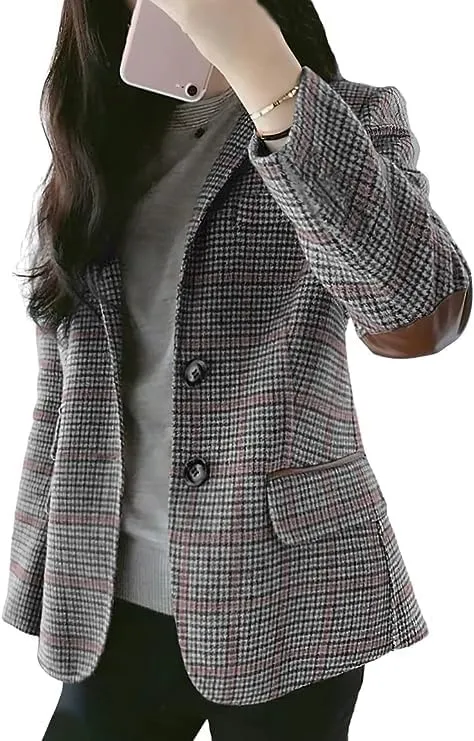 CHARTOU Women's Chic Lapel Collar Plaid 2-Button Business Work Office Blazer Suit Jacket