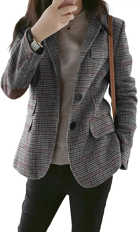 CHARTOU Women's Chic Lapel Collar Plaid 2-Button Business Work Office Blazer Suit Jacket