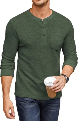 COOFANDY Men's Henley Shirts Long Sleeve Basic Waffle Pique Pullover T-Shirt with Pocket