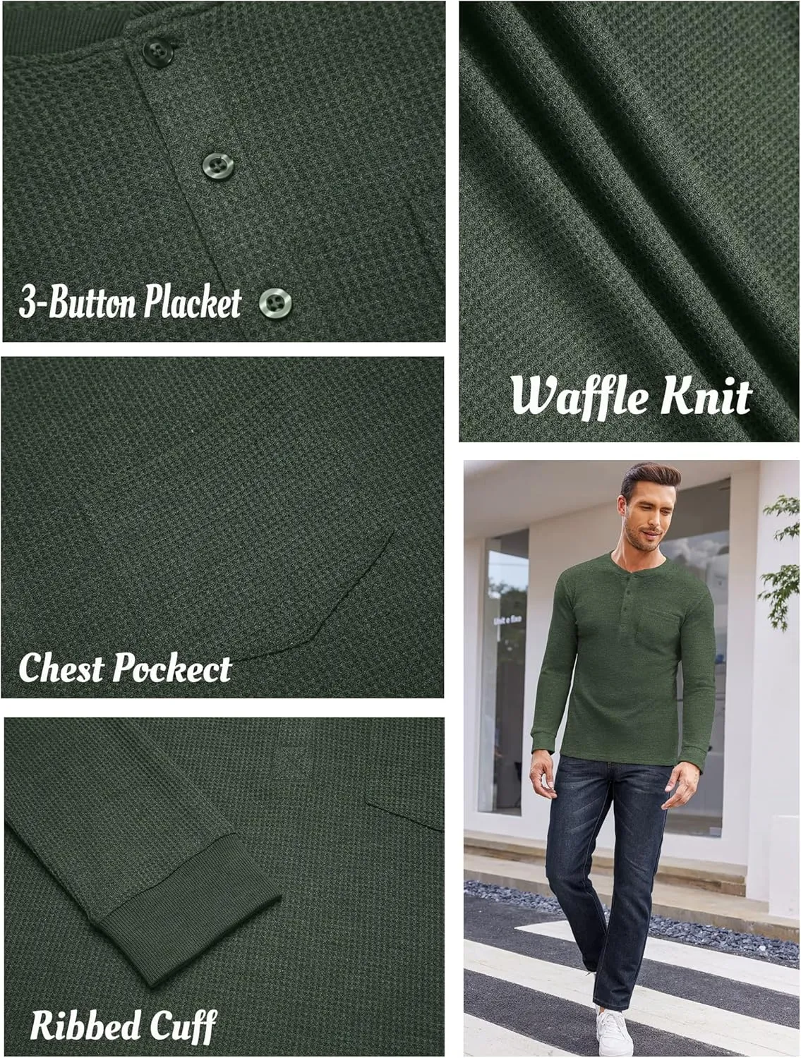 COOFANDY Men's Henley Shirts Long Sleeve Basic Waffle Pique Pullover T-Shirt with Pocket