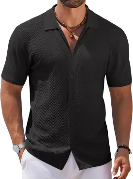 COOFANDY Mens Knit Short Sleeve Shirt Casual Button Down Shirt Vintage Fashion Polo Shirts Crochet Summer Beach Shirts