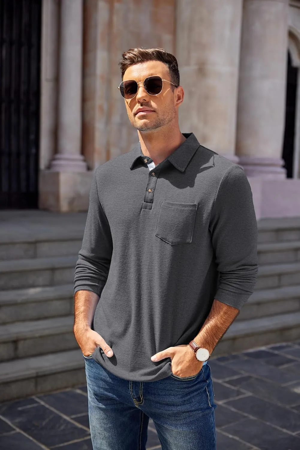 COOFANDY Men's Long Sleeve Polo Shirt Casual Dress Button Polo T Shirt with Pocket Basic Lightweight Collared Golf Shirt