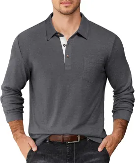 COOFANDY Men's Long Sleeve Polo Shirt Casual Dress Button Polo T Shirt with Pocket Basic Lightweight Collared Golf Shirt