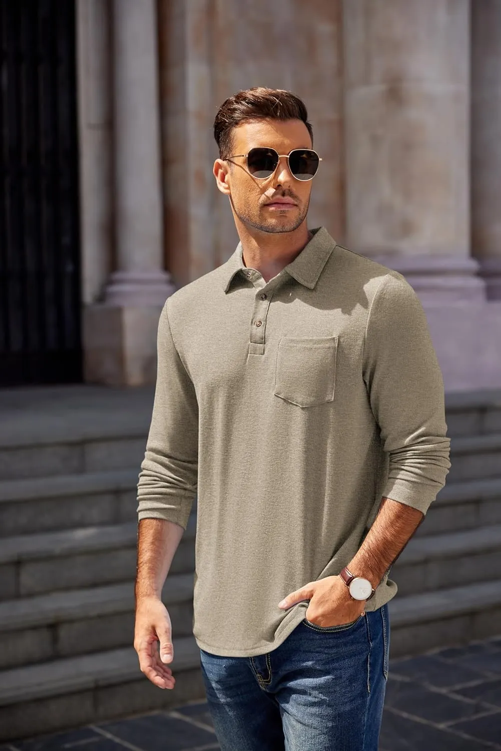 COOFANDY Men's Long Sleeve Polo Shirt Casual Dress Button Polo T Shirt with Pocket Basic Lightweight Collared Golf Shirt
