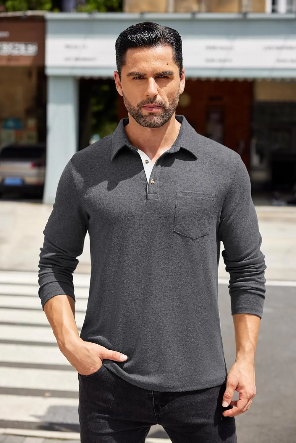 COOFANDY Men's Long Sleeve Polo Shirt Casual Dress Button Polo T Shirt with Pocket Basic Lightweight Collared Golf Shirt