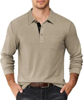 COOFANDY Men's Long Sleeve Polo Shirt Casual Dress Button Polo T Shirt with Pocket Basic Lightweight Collared Golf Shirt