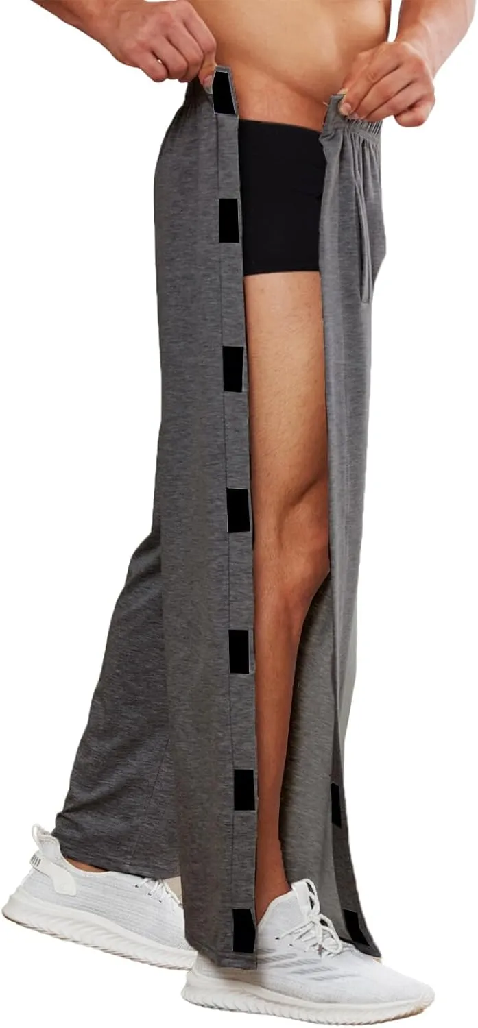 Deyeek Men's Tear Away Pants 2 Side Snap Open Bottom Sweatpants Loose Fit Casual Post Surgery Pants with Pockets
