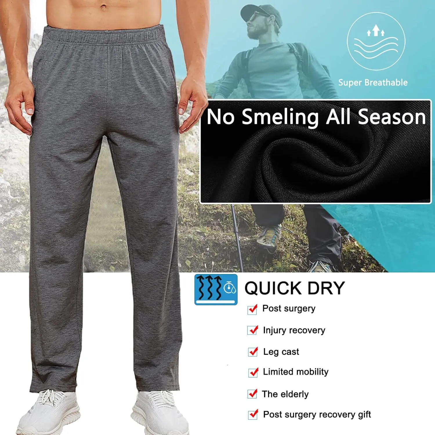 Deyeek Men's Tear Away Pants 2 Side Snap Open Bottom Sweatpants Loose Fit Casual Post Surgery Pants with Pockets