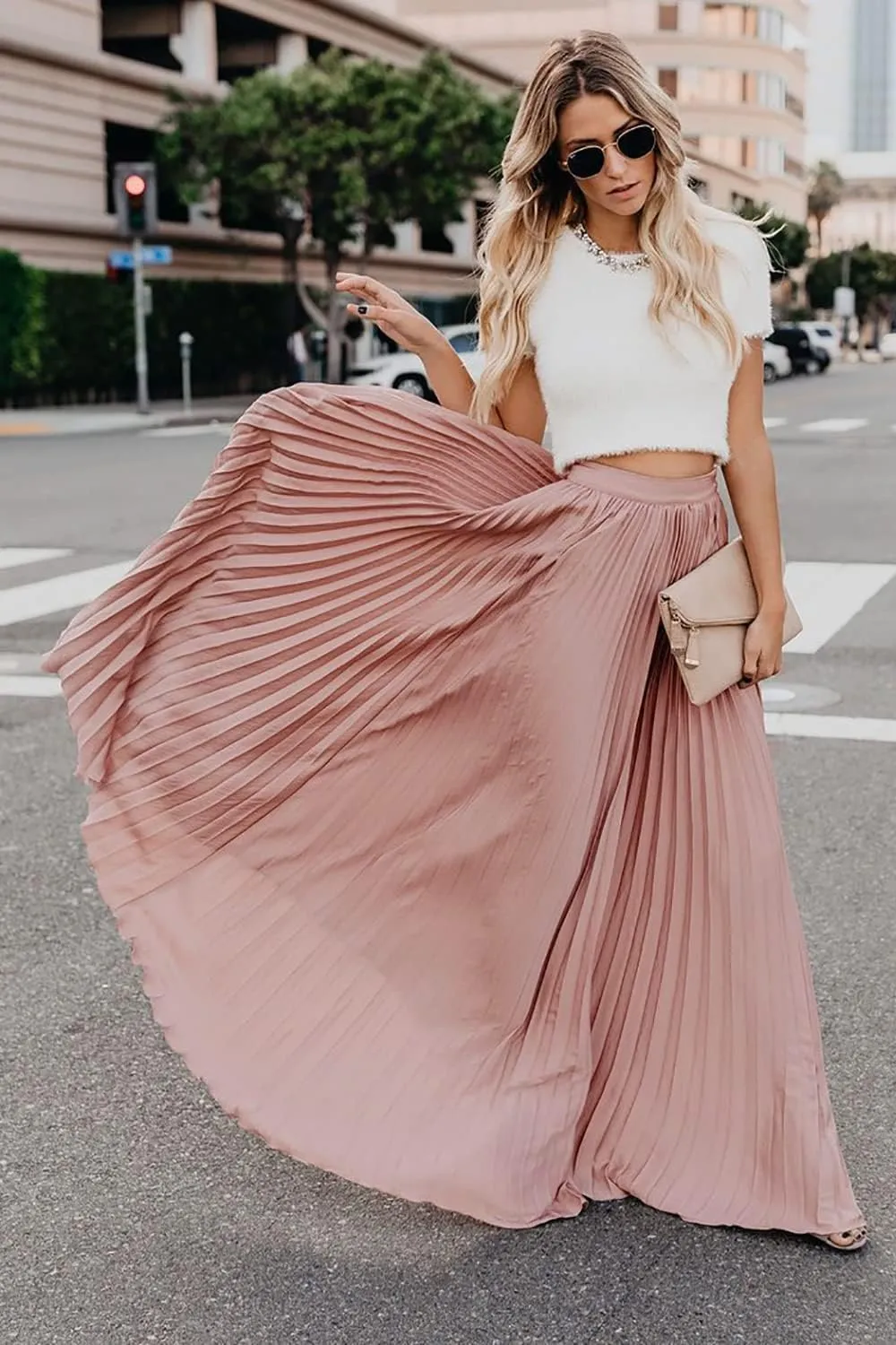 ebossy Women's High Waist Flowy Pleated Chiffon Maxi Skirt