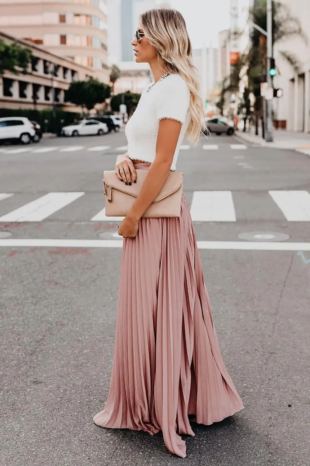 ebossy Women's High Waist Flowy Pleated Chiffon Maxi Skirt