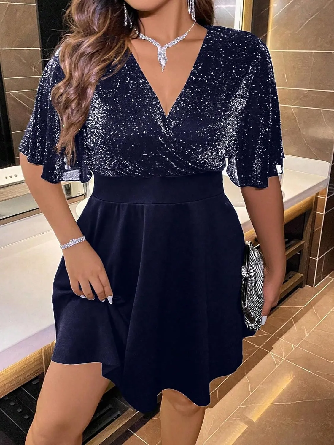 Floerns Women's Plus Size Glitter Wrap V Neck Short Sleeve Party A Line Dress