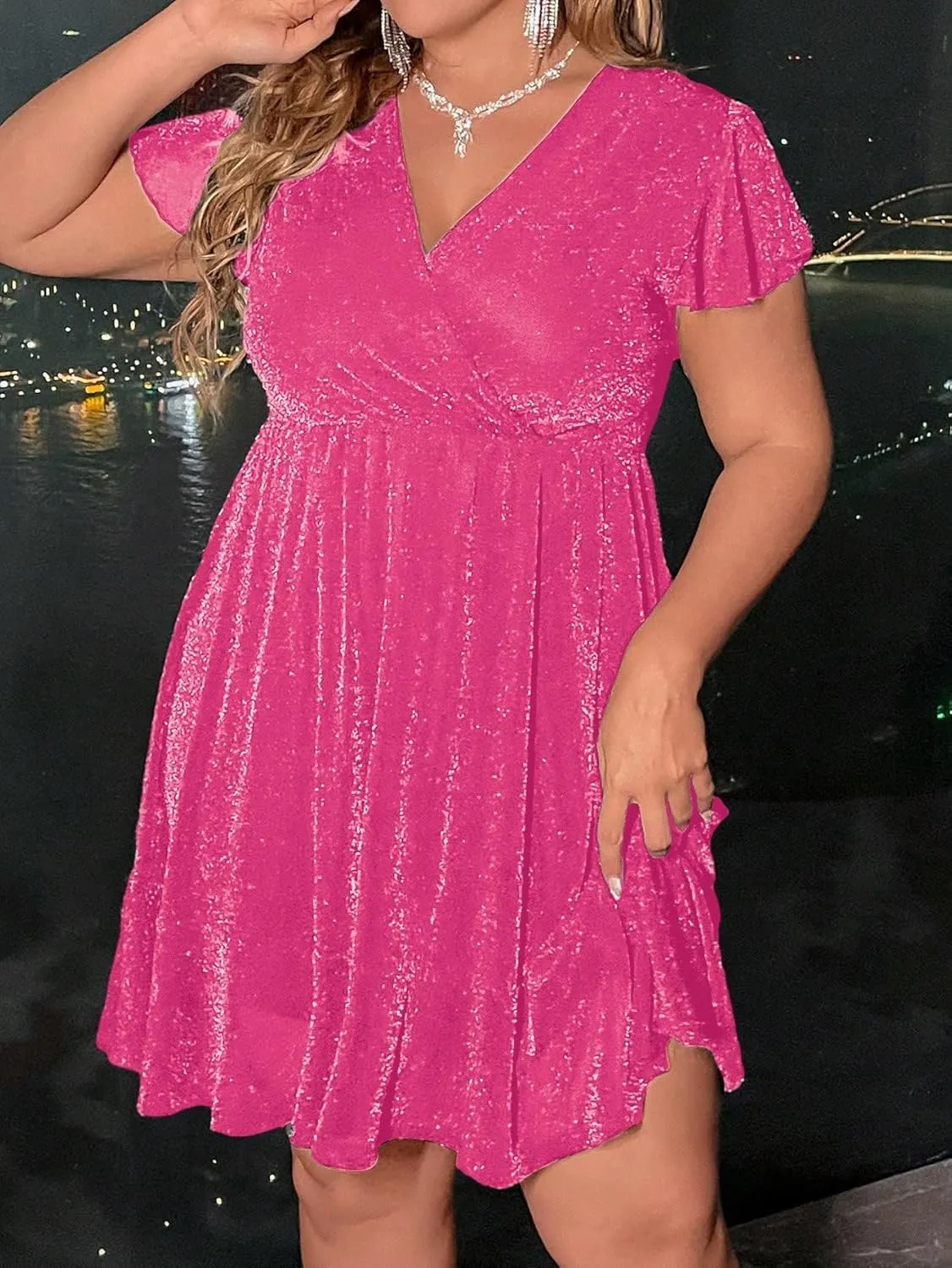 Floerns Women's Plus Size Glitter Wrap V Neck Short Sleeve Party A Line Dress