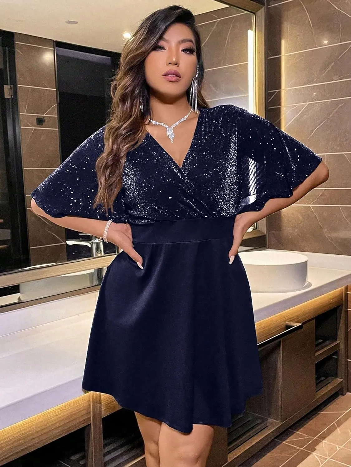 Floerns Women's Plus Size Glitter Wrap V Neck Short Sleeve Party A Line Dress
